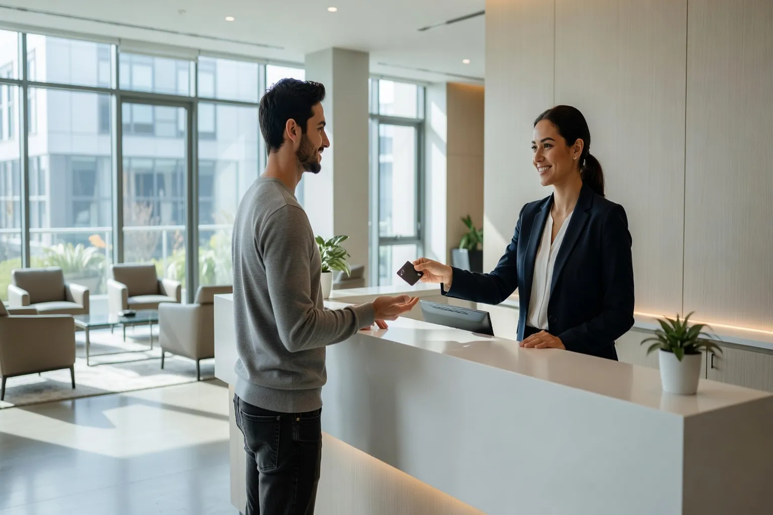 Réception d'hôtel remettant une carte-clé à un client