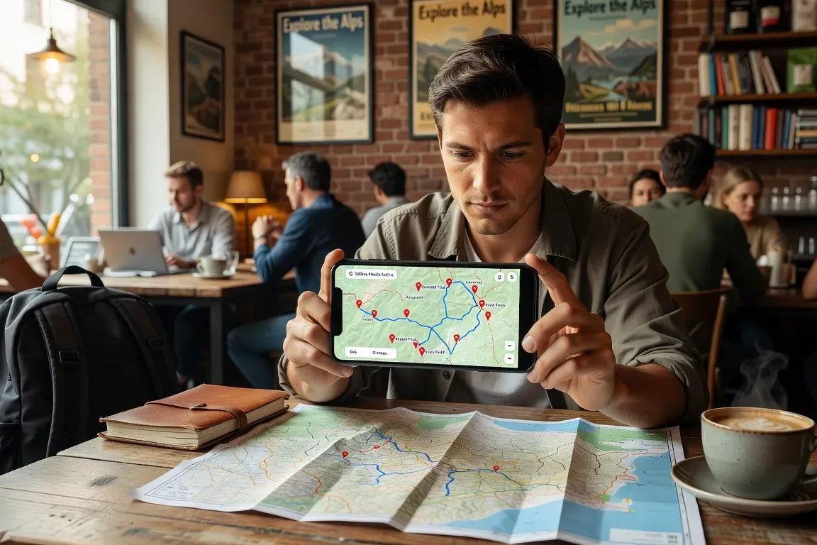 Voyageur en aéroport utilisant son smartphone pour les cartes offline