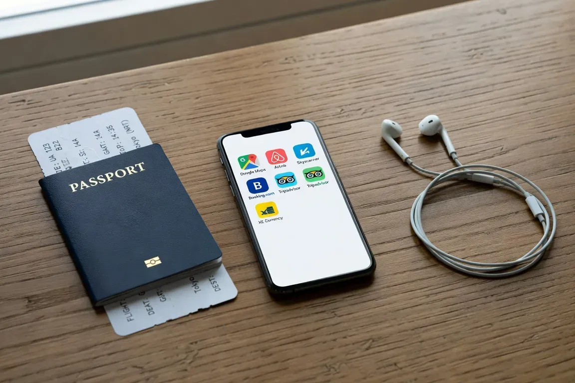 Téléphones avec apps voyage ouvertes, vue de dessus, fond bois