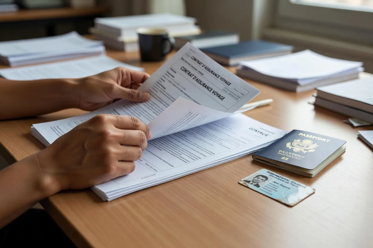 Dossier d'assurance voyage étudiant avec passeport et carte d'étudiant international