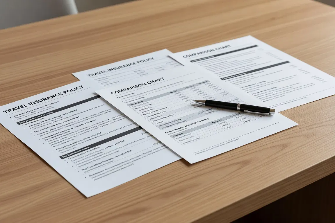 Documents d'assurance voyage, stéthoscope et passeport sur bureau blanc
