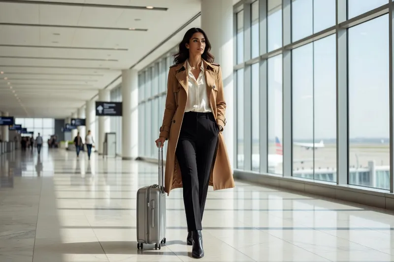 Voyageuse marchant dans un hall d'aéroport avec une valise cabine