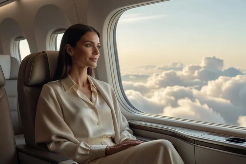Voyageuse regardant par le hublot d'un avion