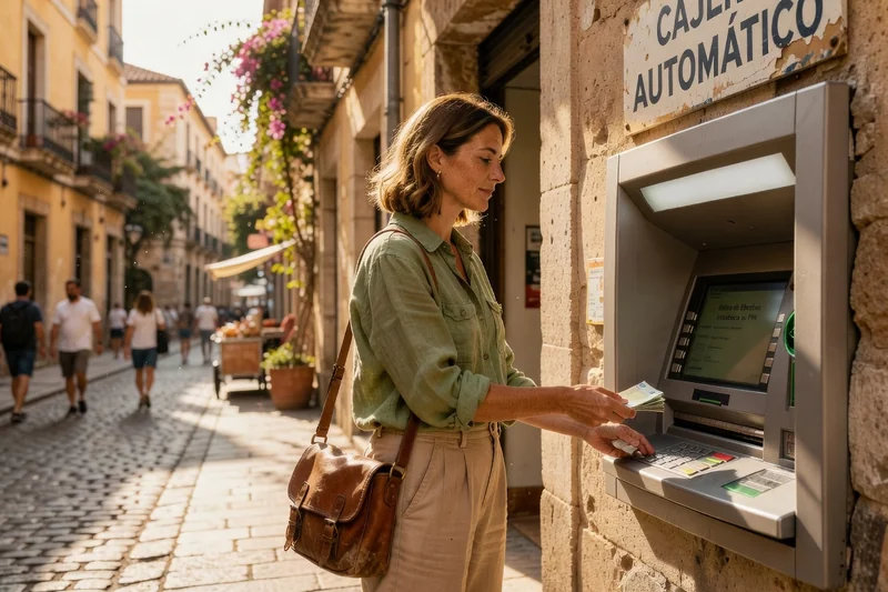 Voyageuse retirant de l'argent à un distributeur automatique dans une rue ensoleillée à l'étranger