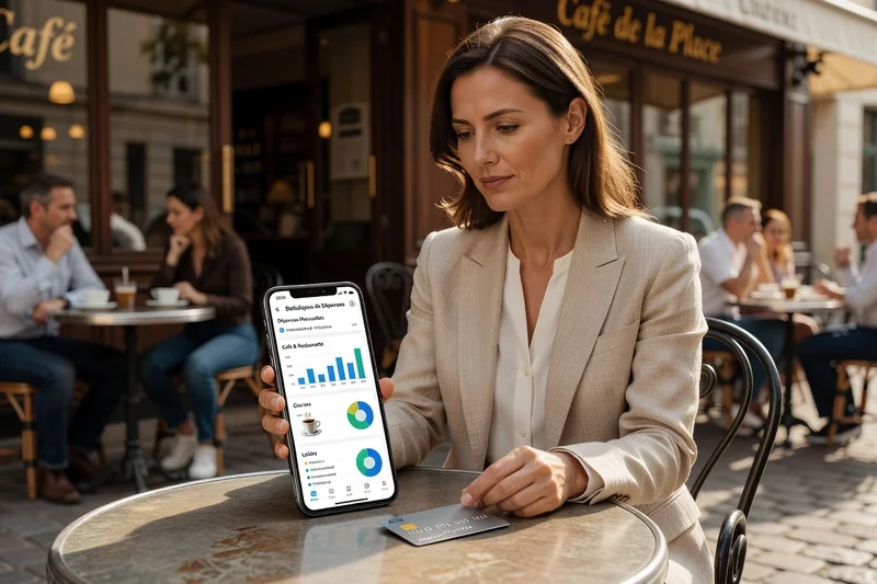 Voyageuse vérifiant ses dépenses sur son application bancaire en terrasse de café