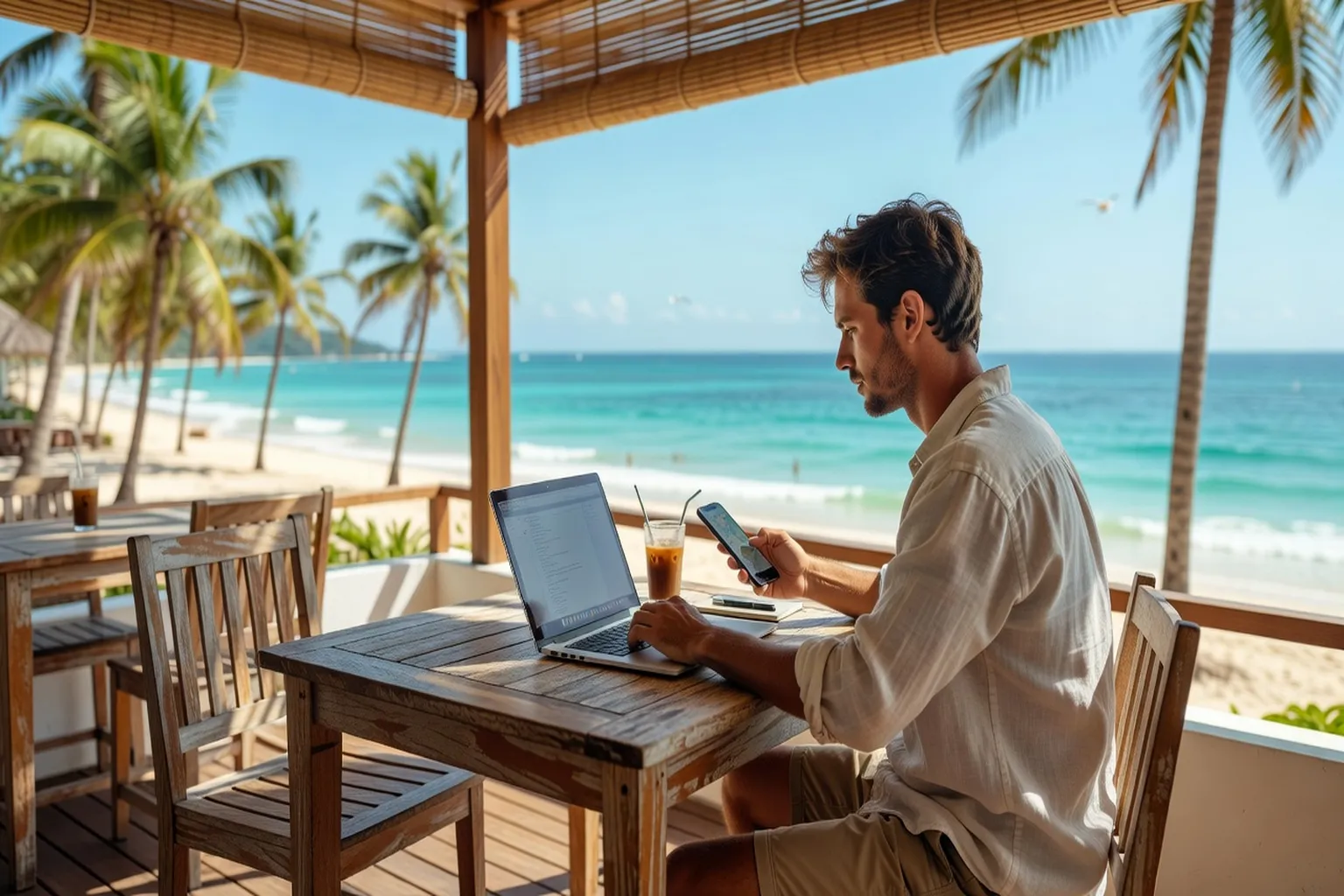Digital nomad travaillant sur une terrasse face à la mer