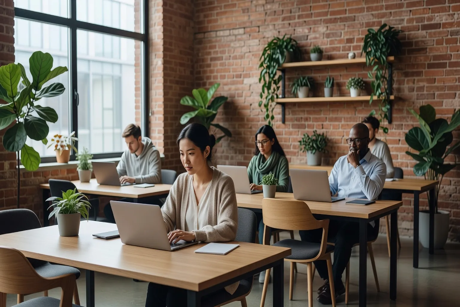 Espace de coworking moderne avec plusieurs télétravailleurs