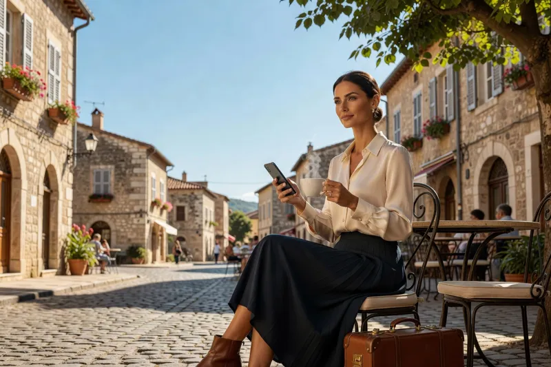 Voyageuse consultant son smartphone à la terrasse d'un café dans une vieille ville européenne