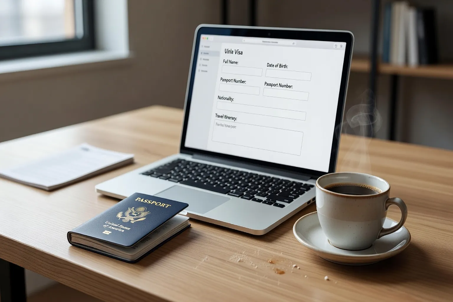 Passeport et ordinateur portable affichant un formulaire de demande de visa en ligne