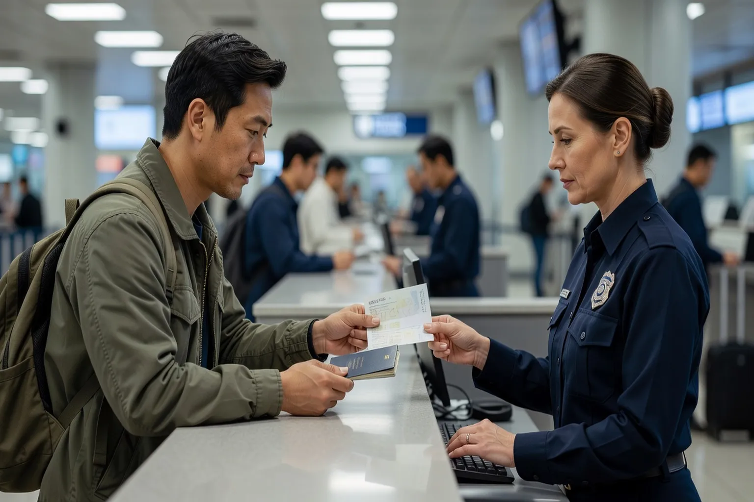 Voyageur présentant son passeport et son e-visa imprimé à un agent d'immigration