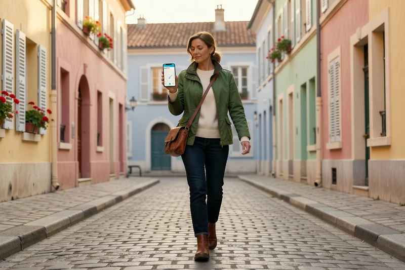 Voyageuse consulte une carte de navigation sur son smartphone dans une rue européenne pavée