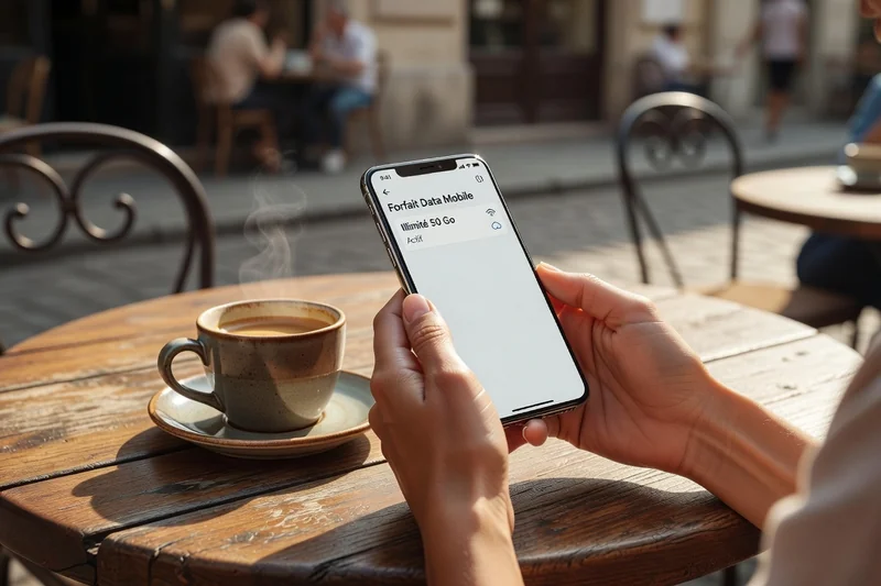 Mains d'une voyageuse tenant un smartphone affichant un forfait data en terrasse de café