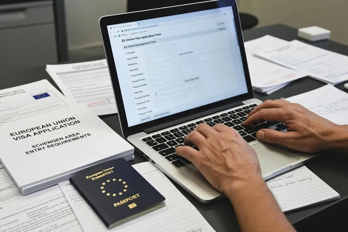 Mains remplissant un formulaire de demande ETIAS en ligne, passeport et documents officiels sur un bureau