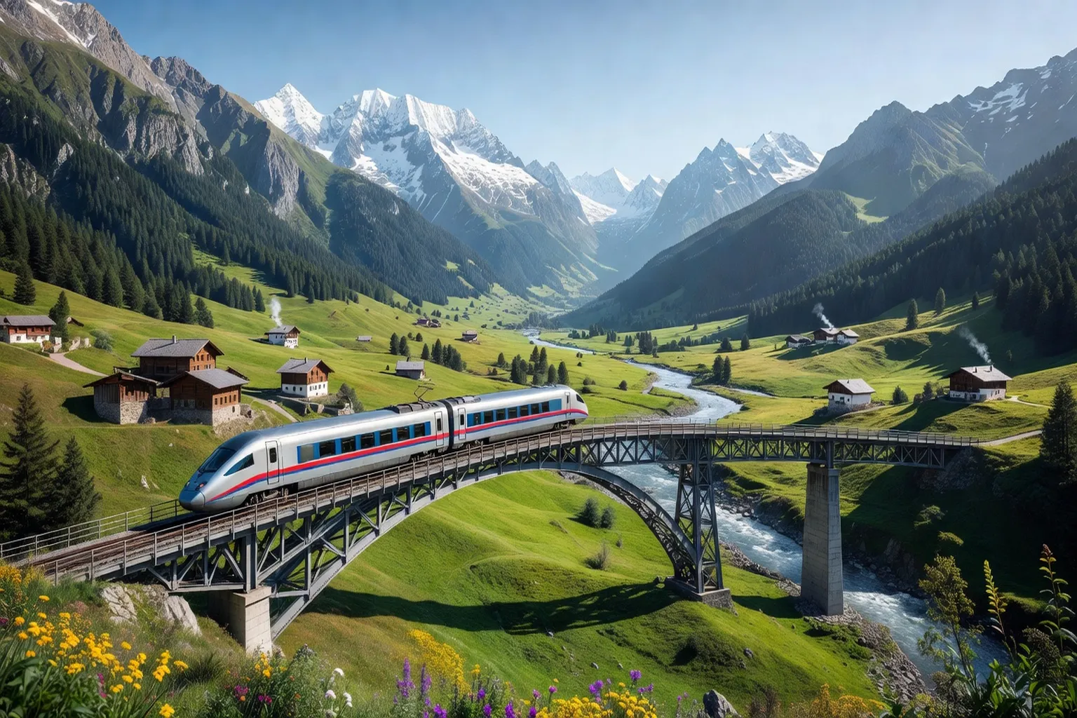 Train europeen traversant les Alpes