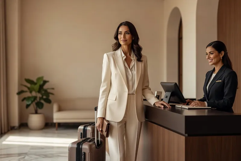 Voyageuse s'enregistrant à la réception d'un hôtel