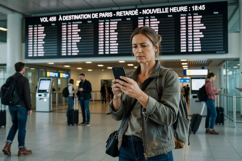 Voyageuse photographiant avec son smartphone un tableau d'affichage annonçant un vol retardé à destination de Paris