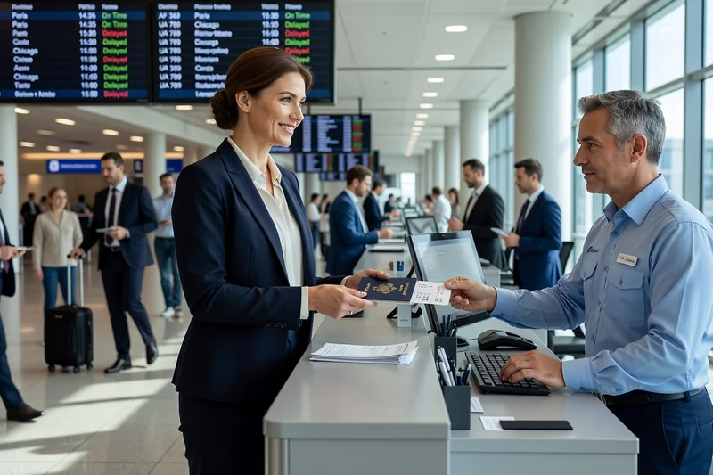 Voyageuse présentant son passeport et sa carte d'embarquement à l'agent d'un comptoir de compagnie aérienne