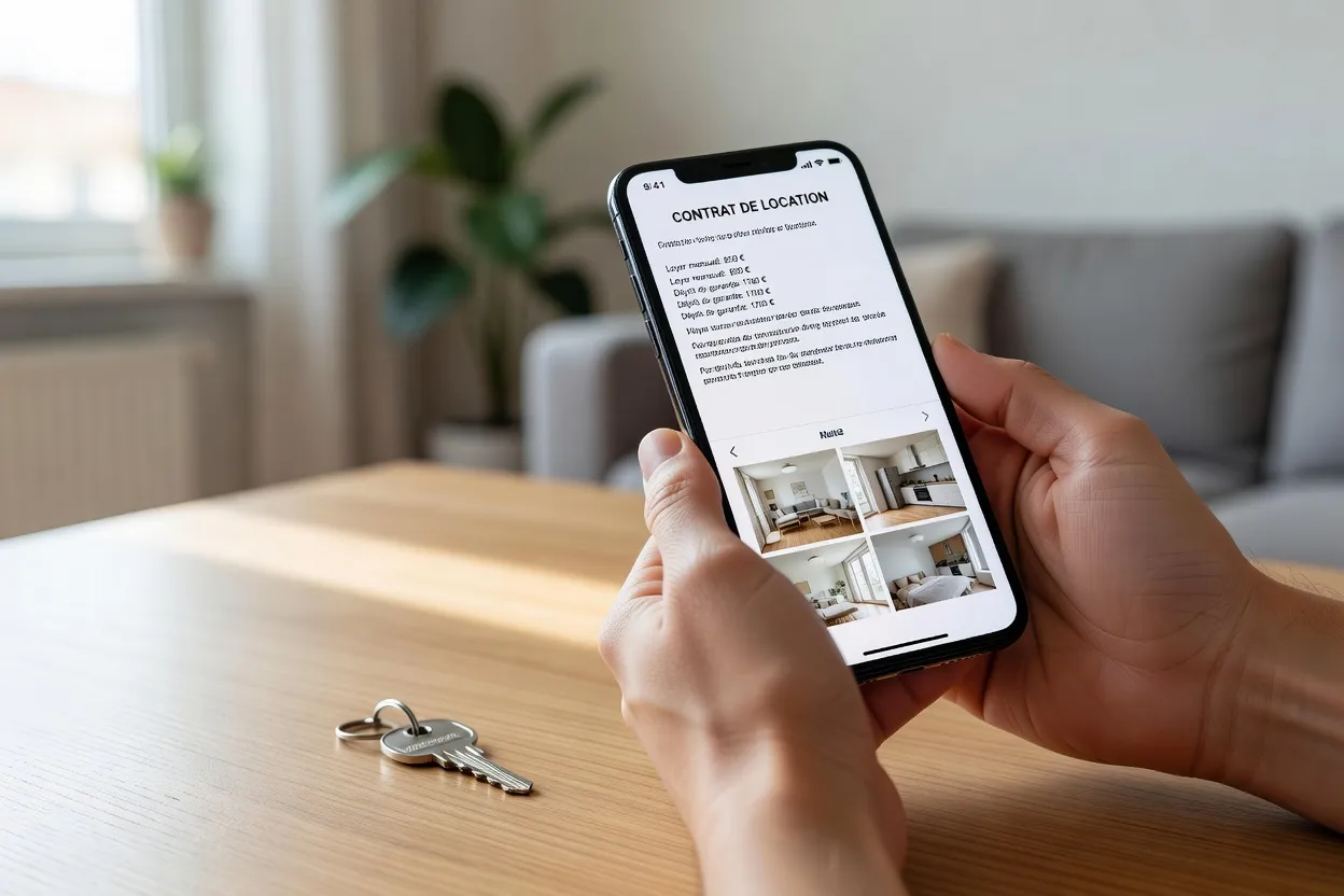 Mains tenant un smartphone affichant un contrat de location, clé posée sur la table