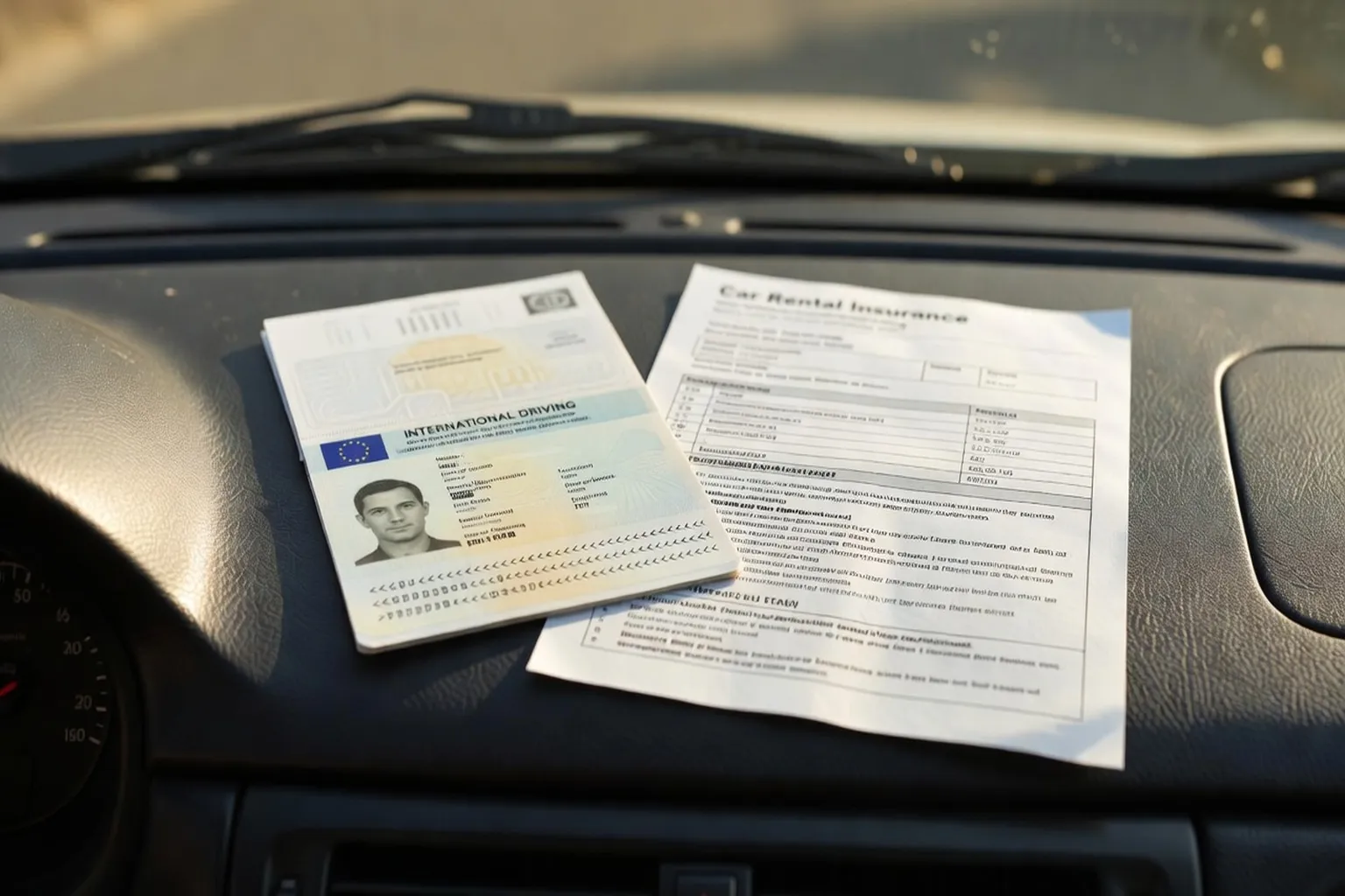 Permis de conduire international et documents de location sur le tableau de bord