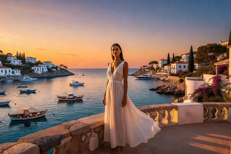 Voyageuse admirant un port méditerranéen au coucher du soleil