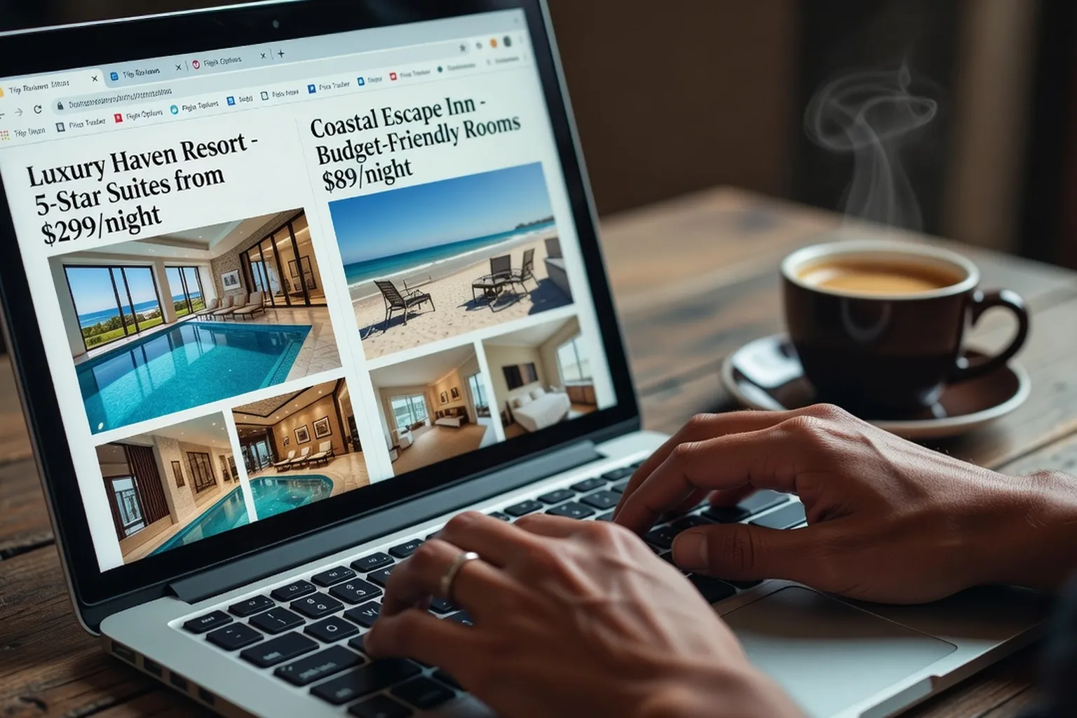 Mains comparant sites hôtels sur laptop