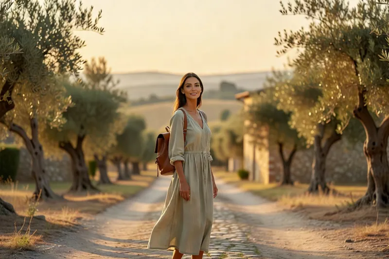 Voyageuse flânant sur un chemin de village au coucher du soleil
