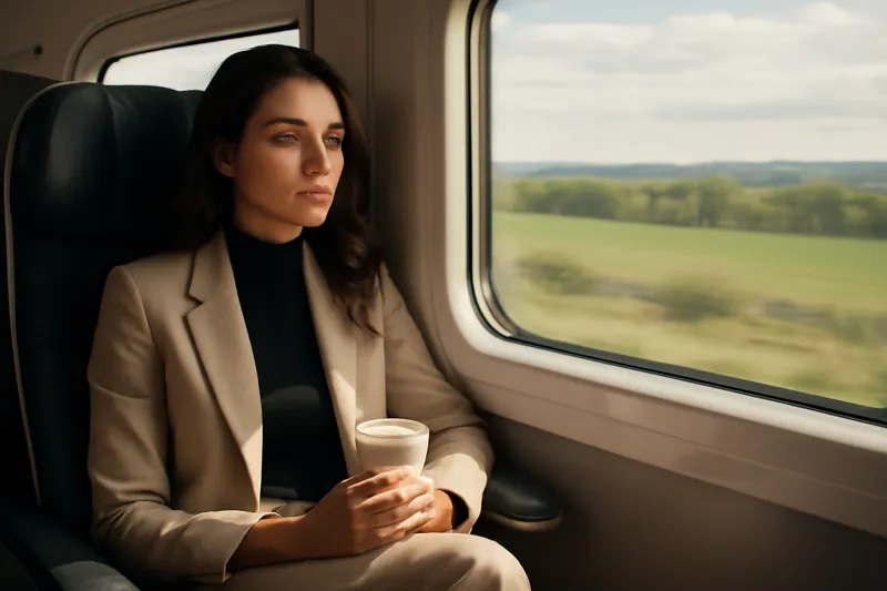 Voyageuse assise près de la fenêtre d'un train moderne, un gobelet de café à la main