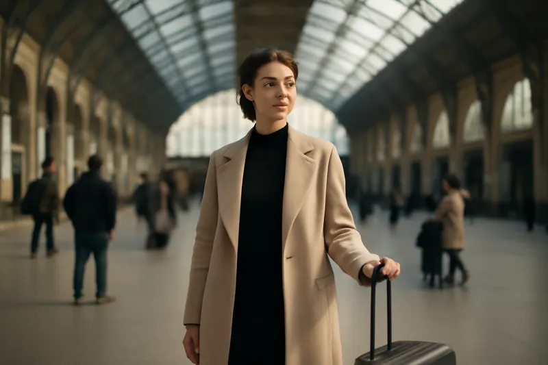 Voyageuse avec une valise dans le hall d'une grande gare à verrière