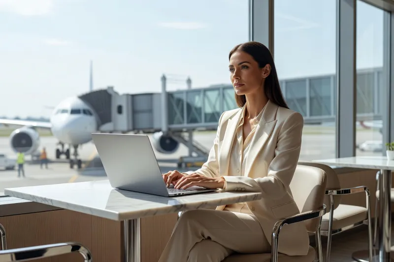 Voyageuse comparant des vols sur un ordinateur portable dans un café d'aéroport