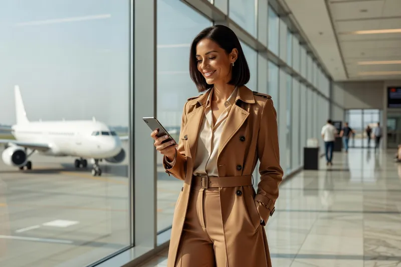 Voyageuse regardant son smartphone devant une baie vitrée d'aéroport