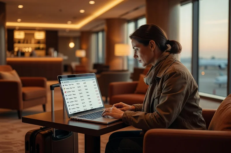 Voyageuse compare des prix de vols sur son ordinateur portable dans un salon d'aéroport