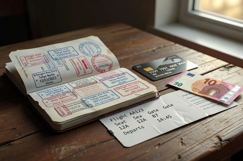 Passeport ouvert avec son visa, carte d'embarquement et carte bancaire posés sur une table de préparation