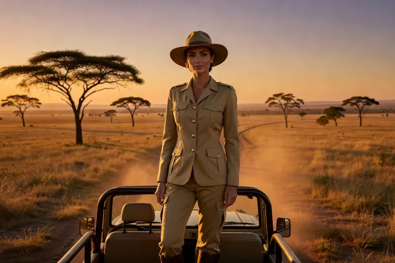 Voyageuse en tenue de safari dans la savane africaine