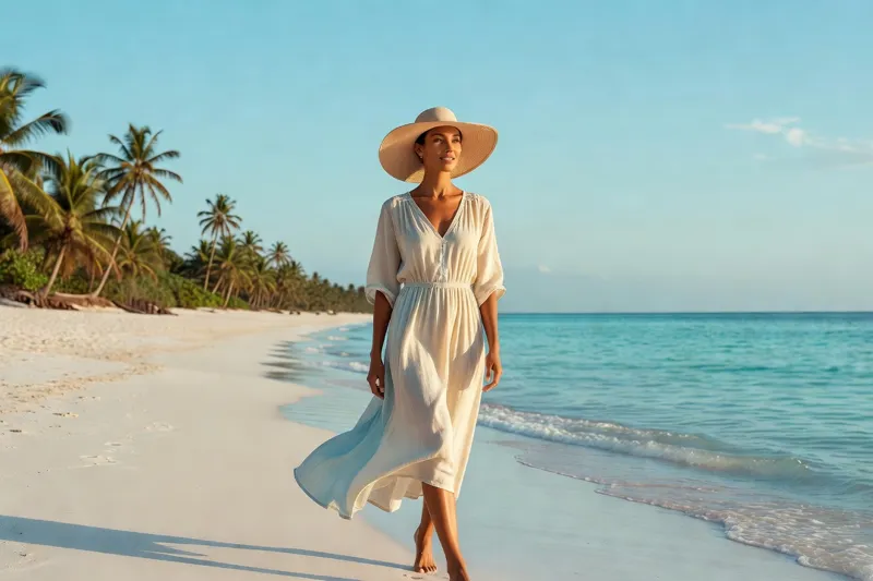 Voyageuse se promenant sur une plage de sable blanc en Afrique de l'Est