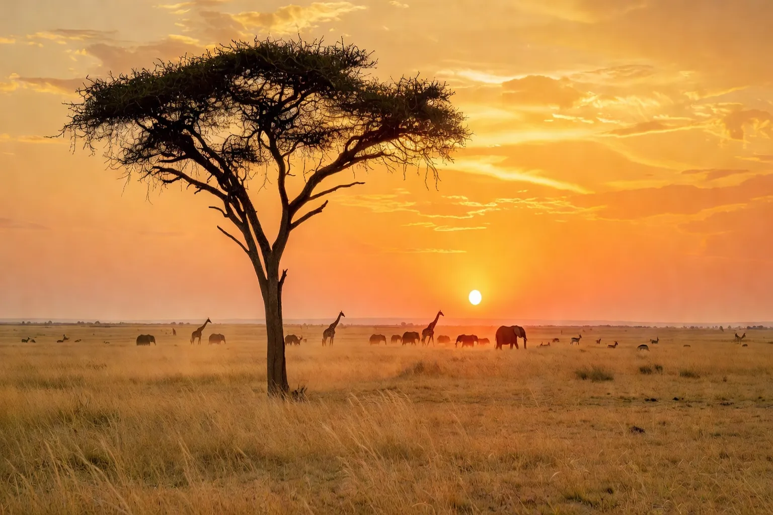 Savane africaine au coucher du soleil