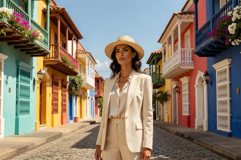 Voyageuse dans une rue coloniale colorée en Colombie