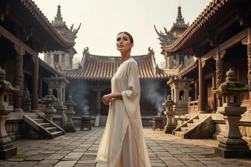 Voyageuse visitant la cour d'un temple traditionnel en Asie