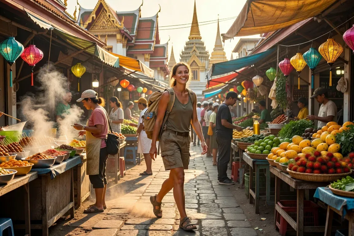 Backpackeuse en Asie du Sud-Est traversant un marché animé de Thaïlande