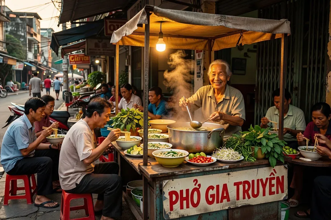 Scène de street food vietnamienne, bols de pho fumants devant un échoppes de rue