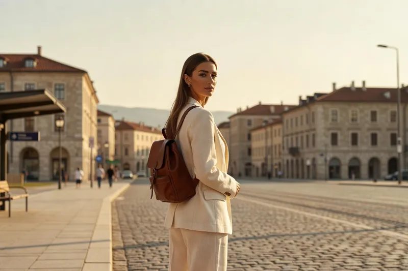 Voyageuse avec un petit sac à dos attendant un bus dans une gare routière