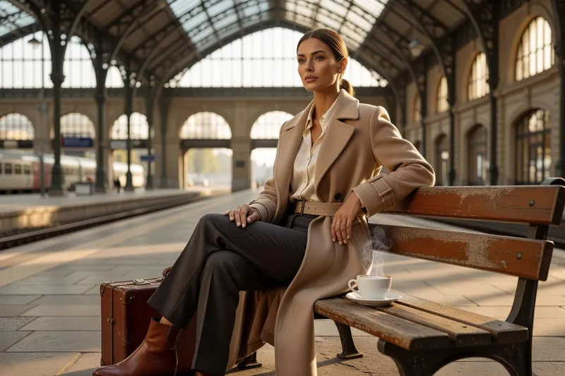 Voyageuse sur un banc de quai de gare européenne avec sa valise
