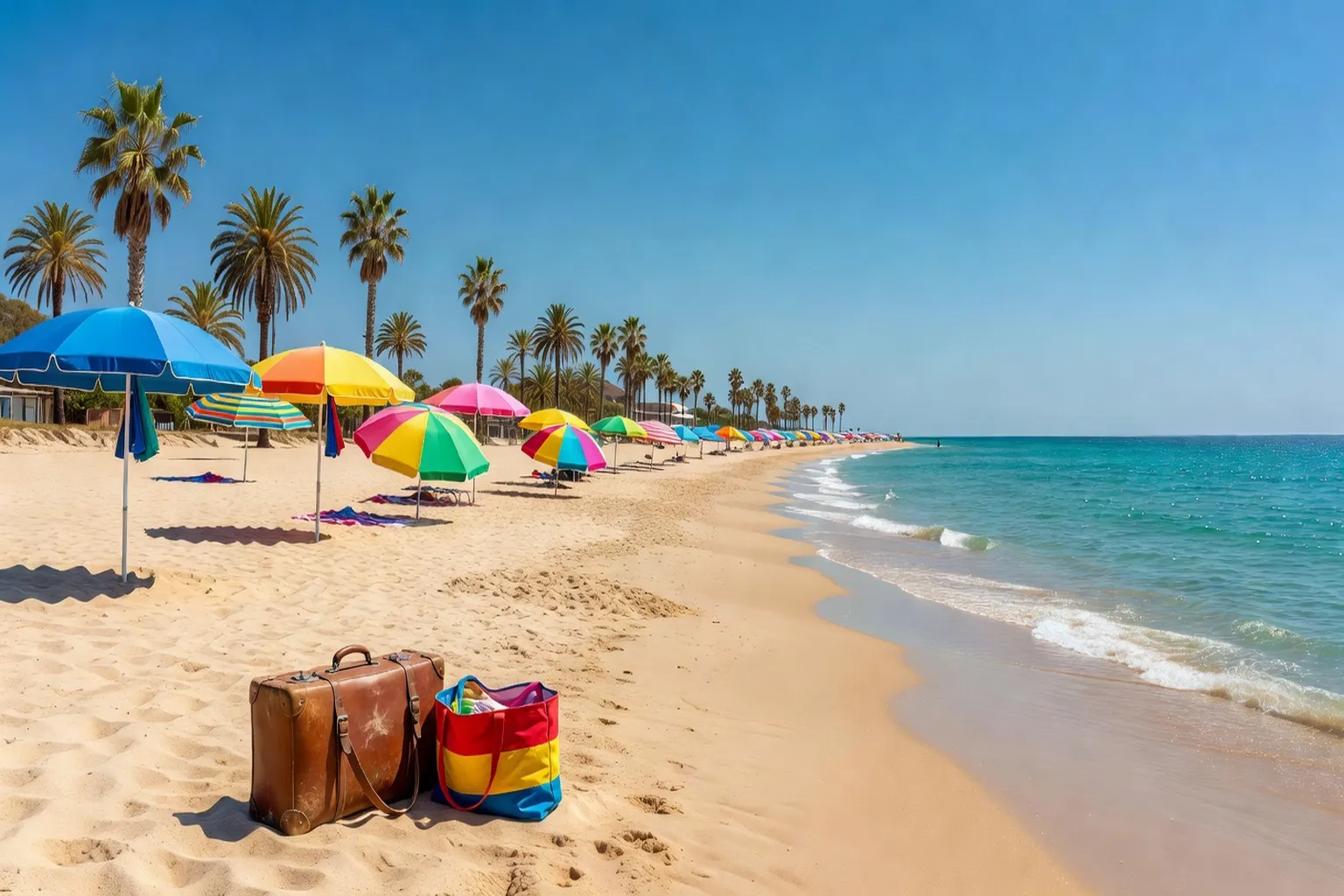 Plage mediterraneenne au Portugal avec parasols colores