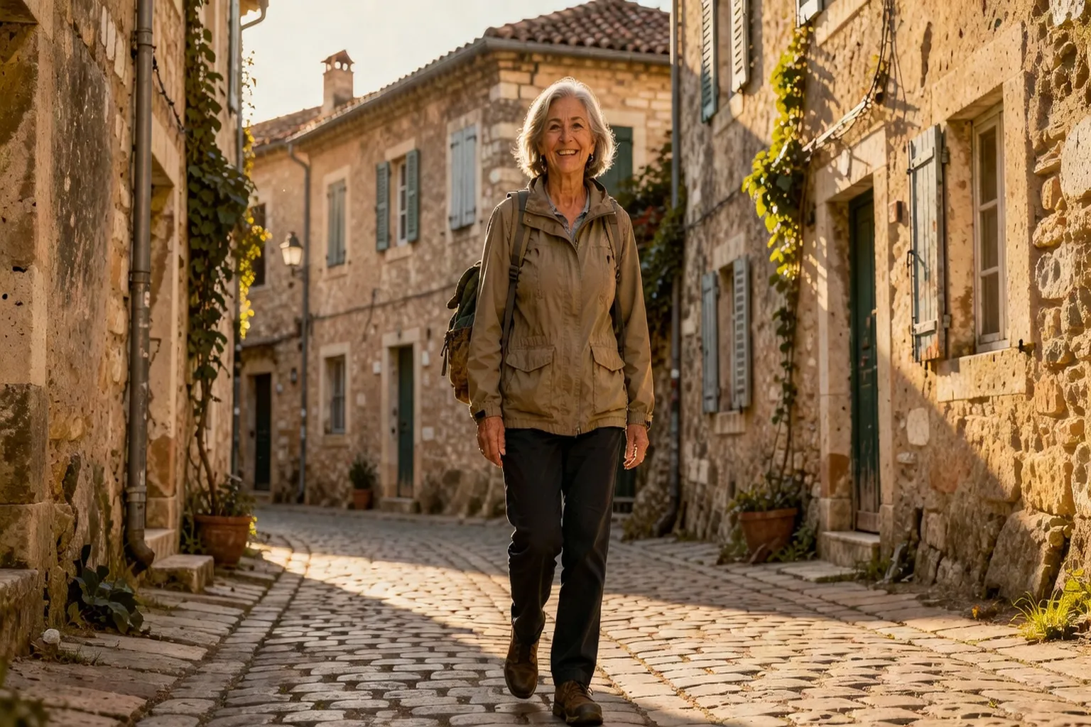 Voyageuse senior marchant seule dans une rue historique européenne