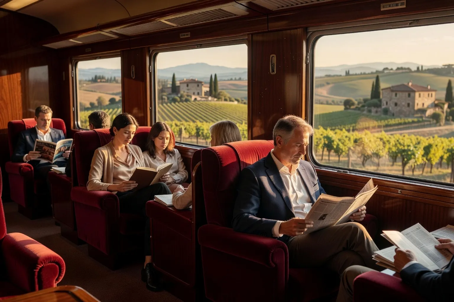 Voyageur regardant le paysage défilé depuis une voiture 1ère classe d'un train européen
