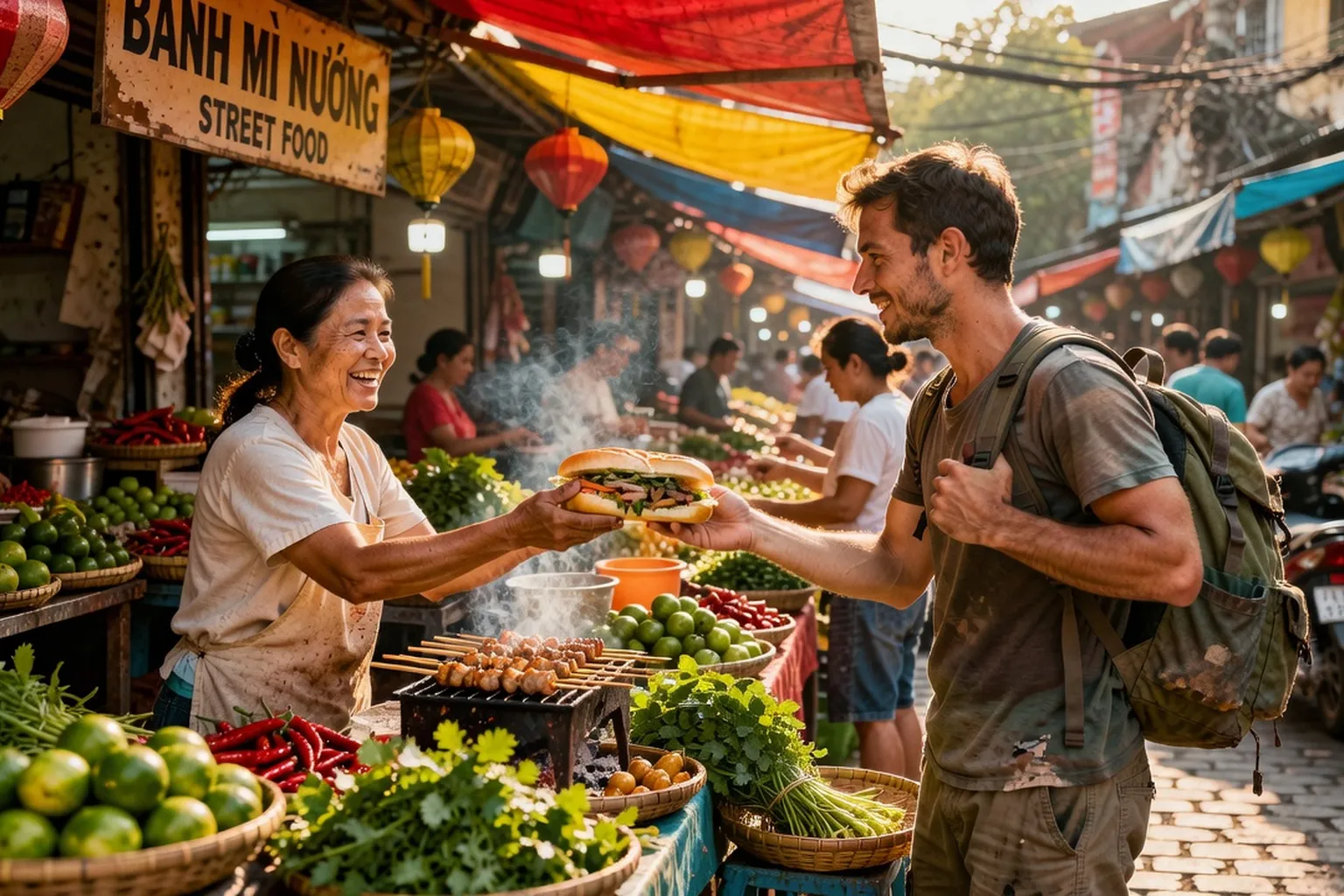 Backpacker au marché de rue Vietnam