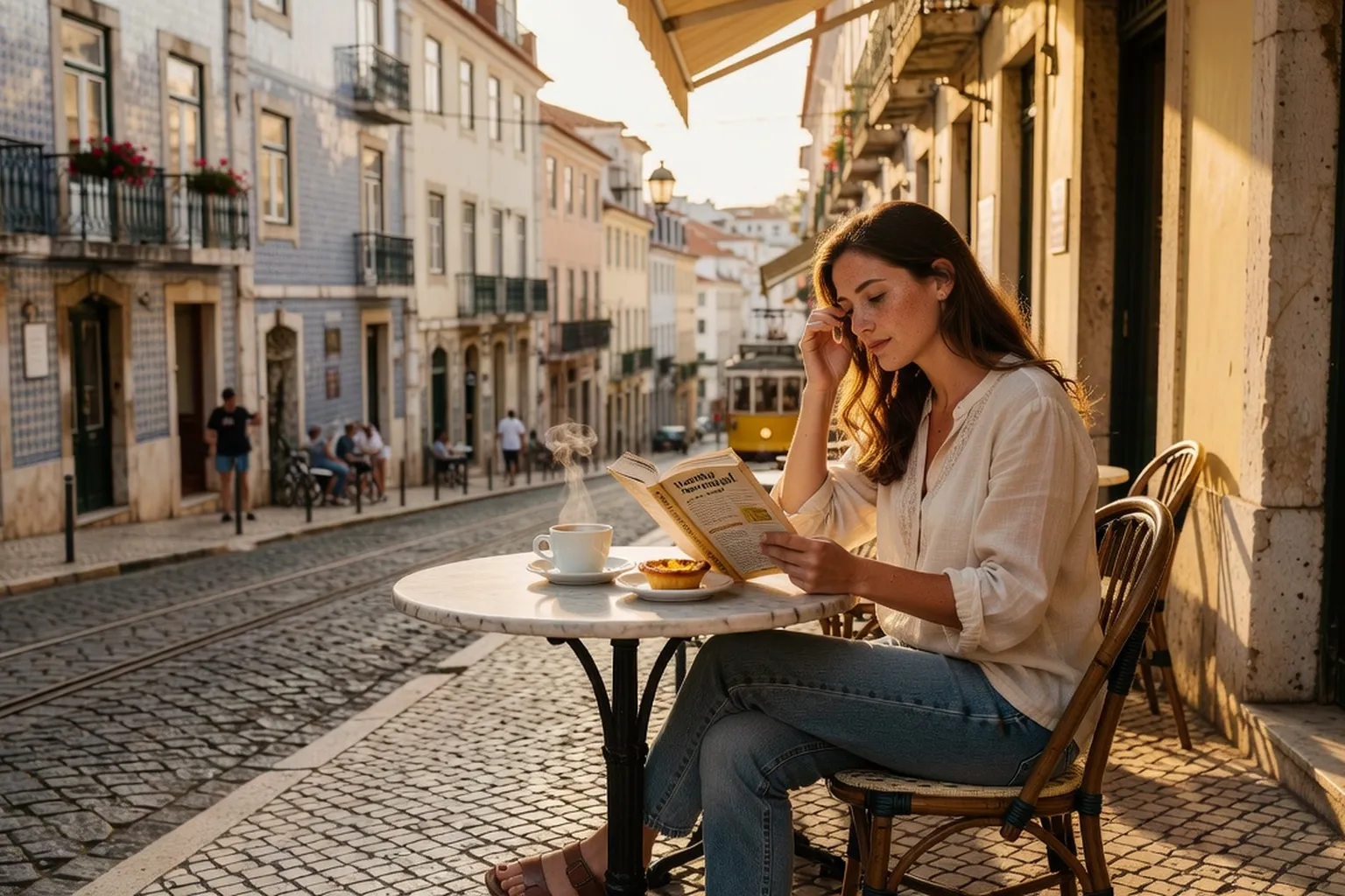 Femme dans café à Lisbonne