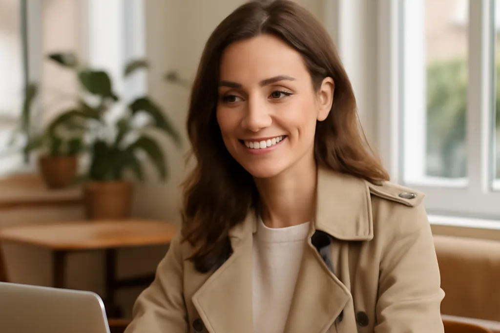 Femme élégante souriante réservant un voyage en ligne sur ordinateur portable dans un décor moderne