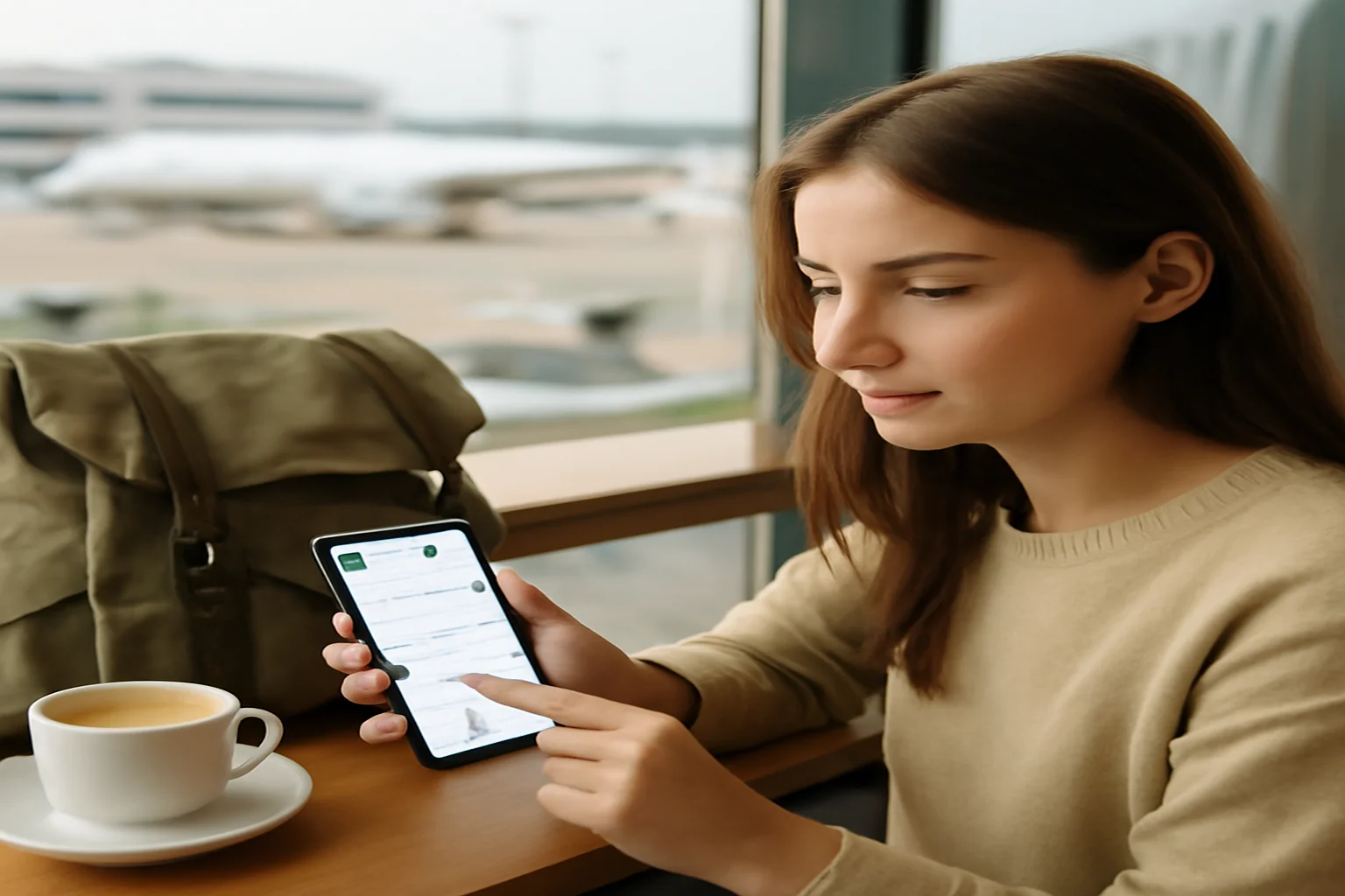 Voyageuse consultant un comparateur de vols sur smartphone dans un aéroport