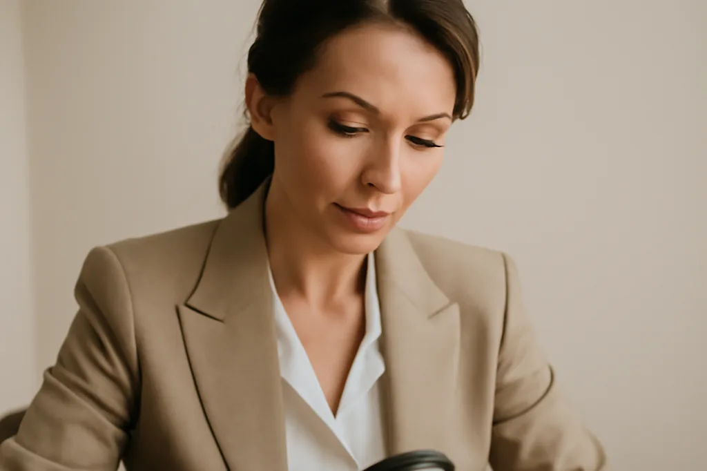 Femme élégante en tenue professionnelle consultant un contrat de garantie financière dans un bureau