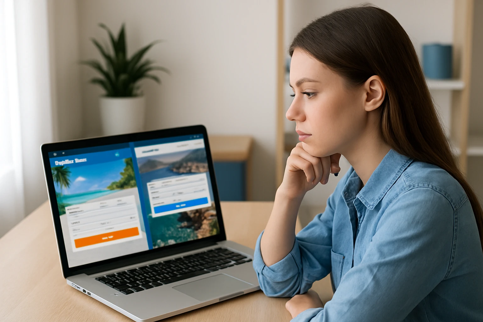 Voyageuse comparant les prix totaux sur deux sites de réservation en parallèle
